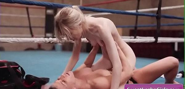  Sexy and horny lesbian hotties Ariel X, Mackenzie Moss enjoy fucking with thick strap-on dildo on the wrestling ring